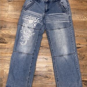 Y2K Women Distressed Denim Jeans Tribal Graphic Harajuku 90s Grunge Wide Leg Lrg